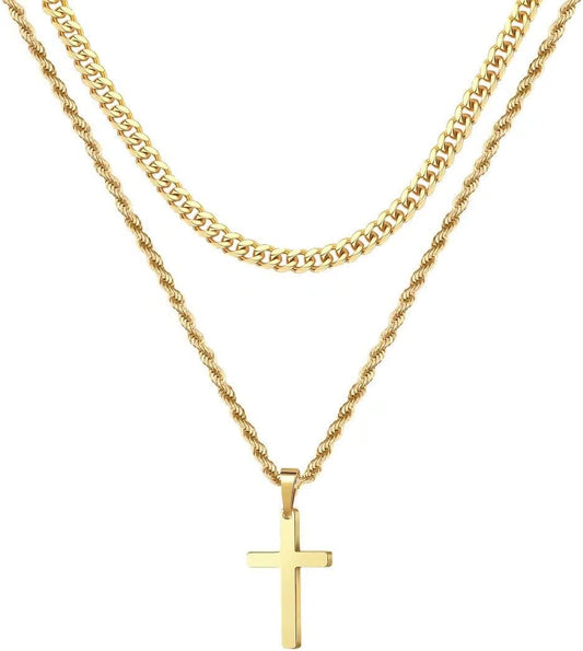 Layered Cross Necklace for Men - 18K Gold Silver Black Stainless Steel Mens Cross Necklaces Cross Chain, Layered Rope Chain Cross Necklace for Men 16 18 20 22 24 Inch Necklace