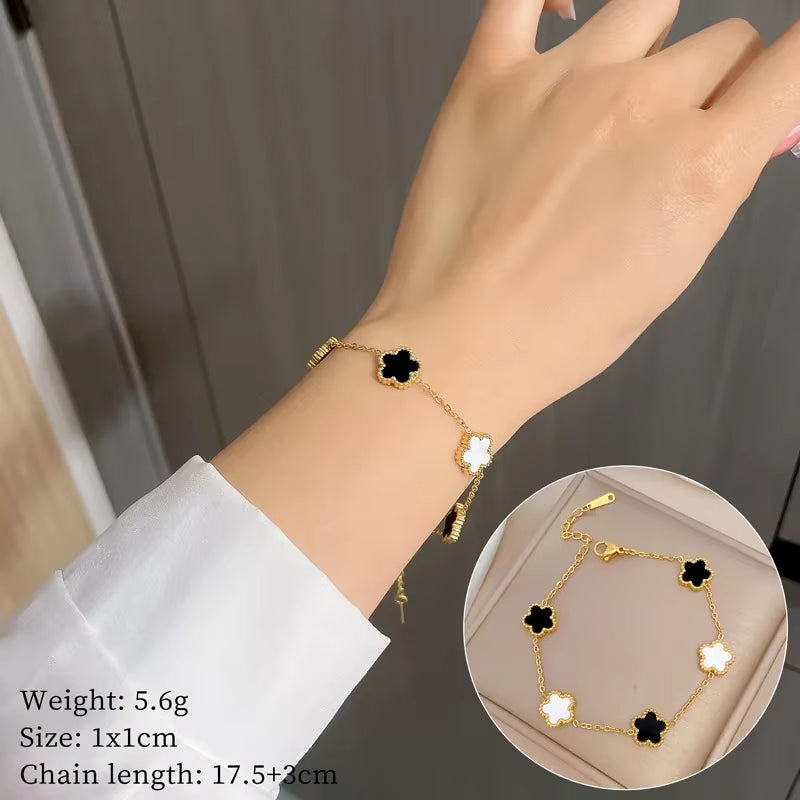 Luxury Brand Five Leaves Flower Sea Shell Bracelet for Women Retro Personality Gold Color Stainless Steel Bangle Jewelry Gift