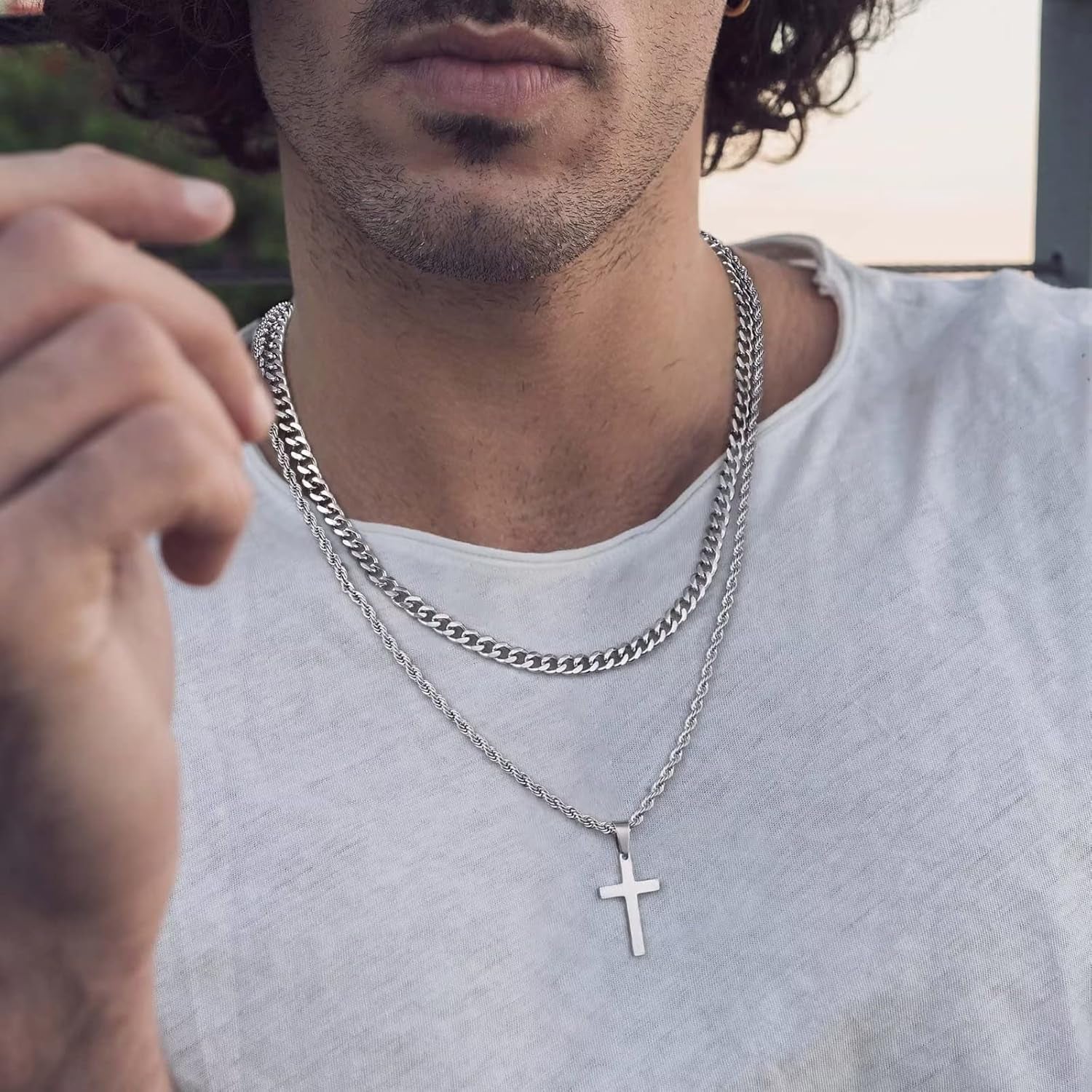 Layered Cross Necklace for Men - 18K Gold Silver Black Stainless Steel Mens Cross Necklaces Cross Chain, Layered Rope Chain Cross Necklace for Men 16 18 20 22 24 Inch Necklace