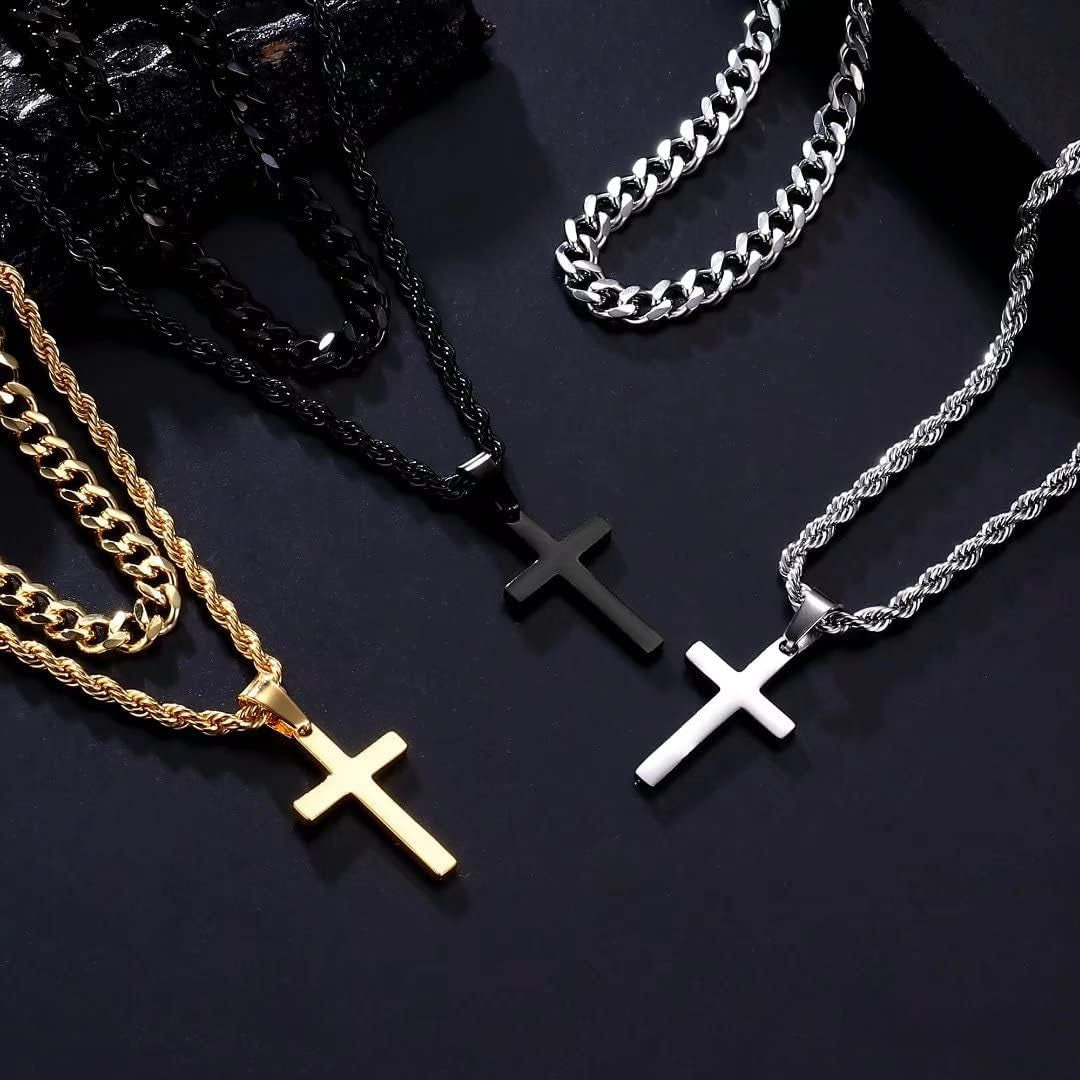 Layered Cross Necklace for Men - 18K Gold Silver Black Stainless Steel Mens Cross Necklaces Cross Chain, Layered Rope Chain Cross Necklace for Men 16 18 20 22 24 Inch Necklace